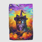 フィンランドのラプンドドッグハロウィーン魔女とカボチャ ゴルフタオル (正面)