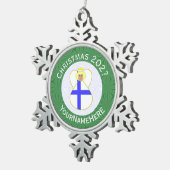 フィンランドの天使のクリスマスフラグ - 名前と年をカスタマイズ可能 スノーフレークピューターオーナメント (右)