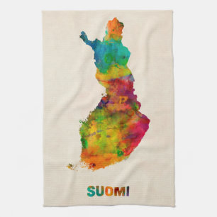 フィンランドの水彩画の地図(Suomi) キッチンタオル