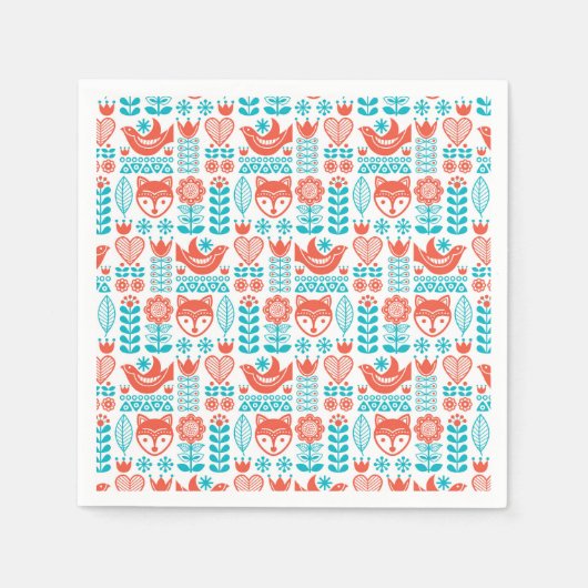 フィンランドキツネ&バードフォークアートパターン スタンダードカクテルナプキン (正面)