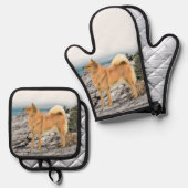 フィンランドスピッツ絵を描シーショアのオリジナルドッグアート 鍋つかみ&鍋敷きセット (正面/裏面)