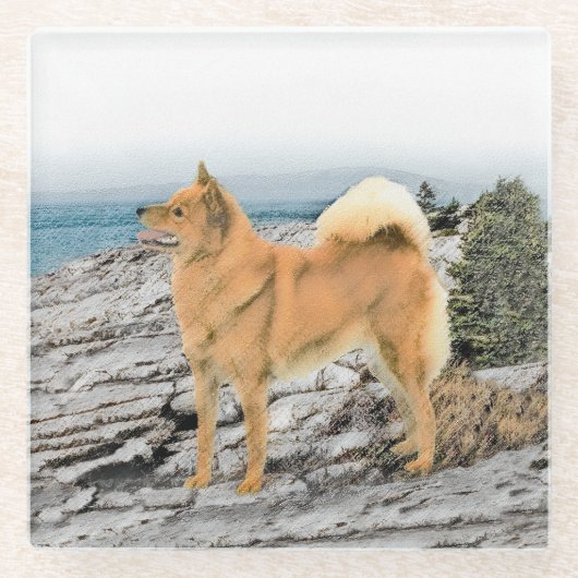 フィンランドスピッツ絵画アットシーショア – Dog Art ガラスコースター (正面)