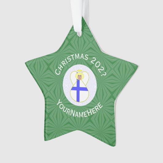 フィンランド国旗のクリスマスエンジェル名Year Star オーナメント (正面)