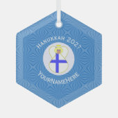 フィンランド国旗Hanukkah天使の名前Year Hexagon ガラスオーナメント (正面)