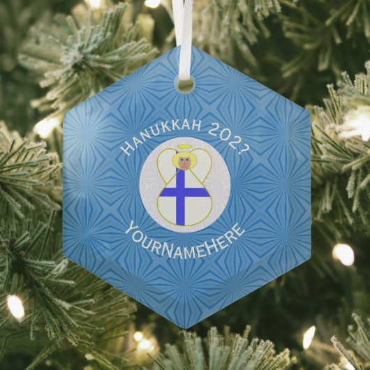 フィンランド国旗Hanukkah天使の名前Year Hexagon ガラスオーナメント (インサイチュ)