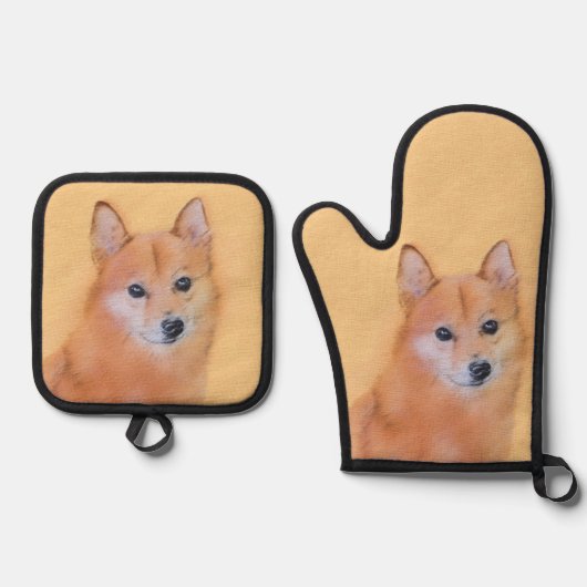 フィンランド絵を描スピッツのかわいいオリジナルペットドッグアート 鍋つかみ&鍋敷きセット (正面)