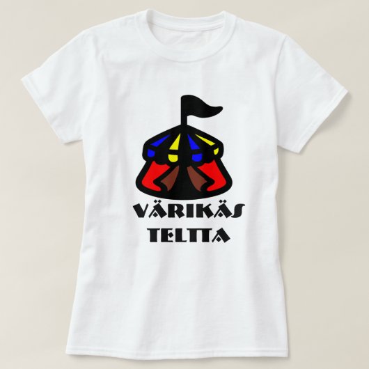 フィンランド語のカラフルテント用の単語: varikers teltta tシャツ (デザイン正面)