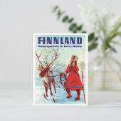 フィンランド雪、鹿とスキーの女性、ヴィンテージ ポストカード (スタンド正面)