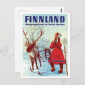 フィンランド雪、鹿とスキーの女性、ヴィンテージ ポストカード (正面/裏面)