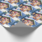 フィンランド・スパイツの雪の小屋とサンタ帽のクリスマスアート ラッピングペーパー (角)