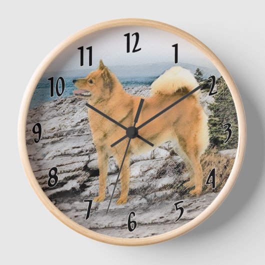フィンランド・スピッツの海岸の絵 - 犬の絵画 壁時計 (正面)