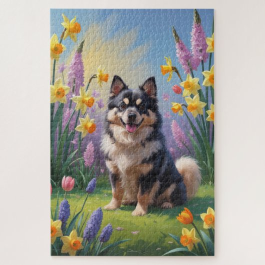 フィンランド・ラップフントの犬 春の花の絵 ジグソーパズル (縦)