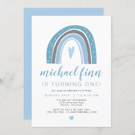 フィン | ダスティブルーボホレインボーハートボーイ誕生日 招待状