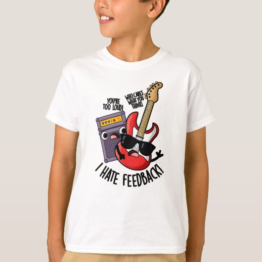 フィードバック嫌い 面白いギターダジャレ Tシャツ (正面)