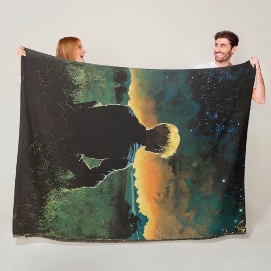 フィールドにブロンドの男 | 夜空の下の人 フリースブランケット (インサイチュ)