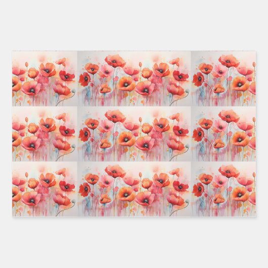 フィールドの水の色のパターンの赤いケシ ラッピングペーパーシート (正面3)