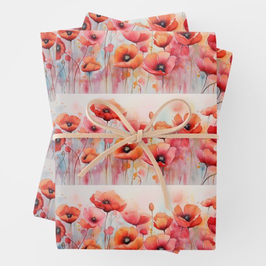 フィールドの水の色のパターンの赤いケシ ラッピングペーパーシート (インサイチュ)