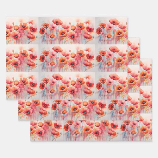 フィールドの水の色のパターンの赤いケシ ラッピングペーパーシート (セット)