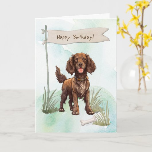 フィールドスパニエル犬ドッグアウトドアの誕生日標識 カード (黄色い花)