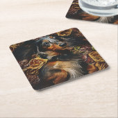 フィールドPo上に横たわるダックスシュントの高い角度ポートレート スクエアペーパーコースター (アングル)