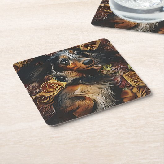 フィールドPo上に横たわるダックスシュントの高い角度ポートレート スクエアペーパーコースター (アングル)