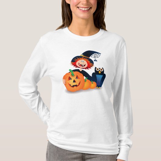 フウおもしろいルとカボチャの付いた魔女 Tシャツ (正面)