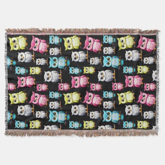 フウカラフルル鳥黒の背景パターン スローブランケット (正面)