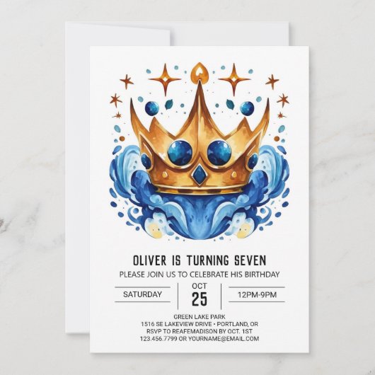 フェアイモダンターリープリンスクラウン誕生日 招待状 (正面)