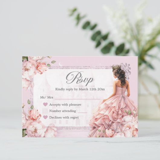 フェアイ王室のターラージキャッスル赤面ピンクキンセアニェラRSVP 出欠カード (スタンド正面)