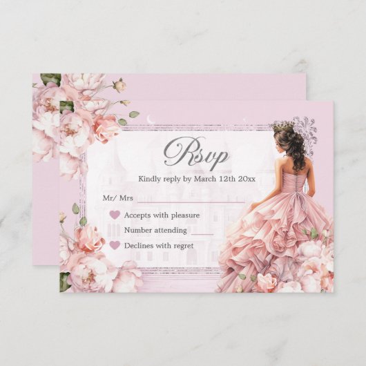 フェアイ王室のターラージキャッスル赤面ピンクキンセアニェラRSVP 出欠カード (正面/裏面)