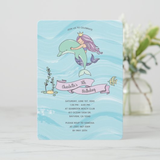 フェアスキンパープルマーメイドウィズドルフィン誕生日 招待状 (スタンド正面)