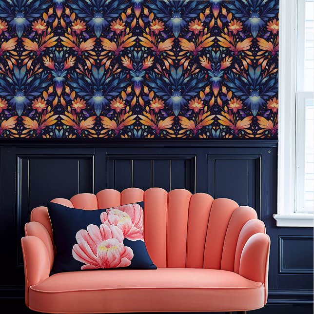 フェアヤコアエテリアールブルーとオレンジフローラ 壁紙 (Fairycore Ethereal Blue and Orange Floral Wallpaper above a coral scalloped sofa.)