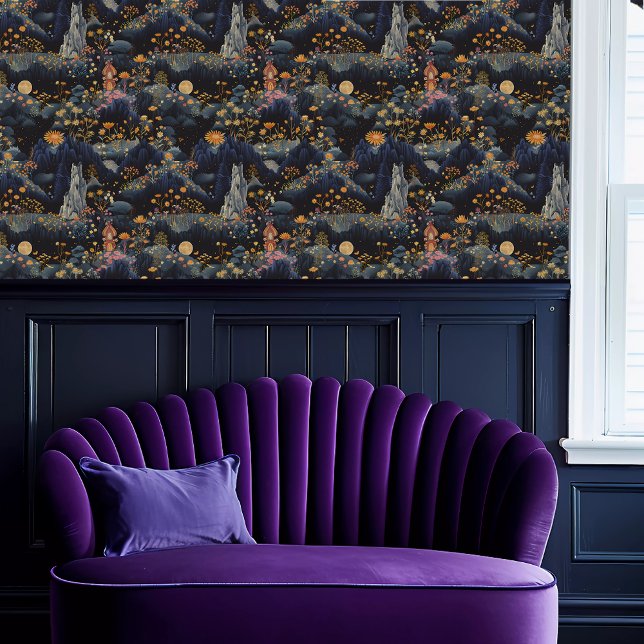 フェアヤコアファンタジーマウンテンウィズハウス 壁紙 (Fairycore Fantasy Mountain with House Wallpaper above a purple scalloped sofa.)