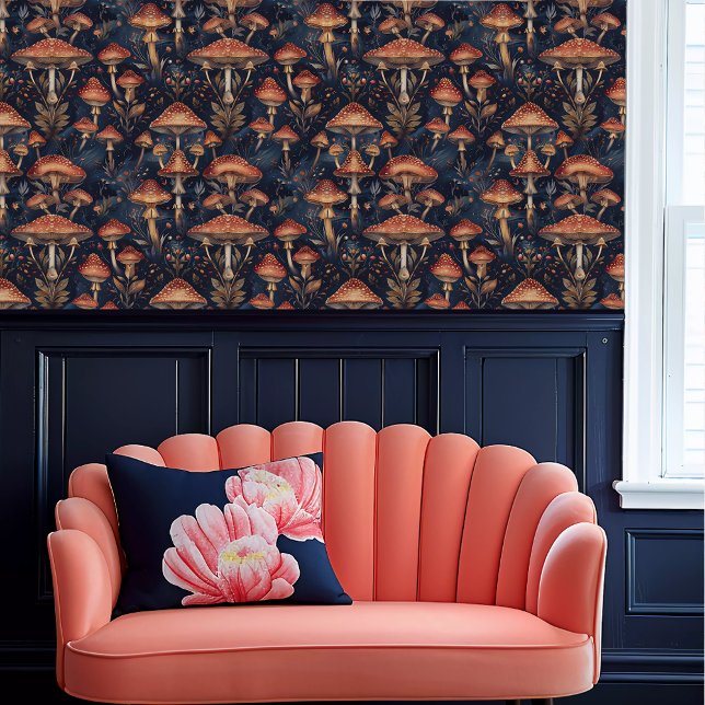 フェアヤコアレッドタストオール 壁紙 (Fairycore Red Toadstools Wallpaper above a coral scalloped sofa.)