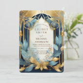 フェアヤコア結婚式招待状フェアヤブルティール（緑がかった色）金ゴールド 招待状 (スタンド正面)