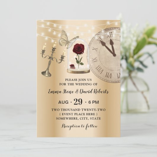 フェアヤブルバラフラワードームモダン金ゴールド結婚ズ 招待状 (スタンド正面)