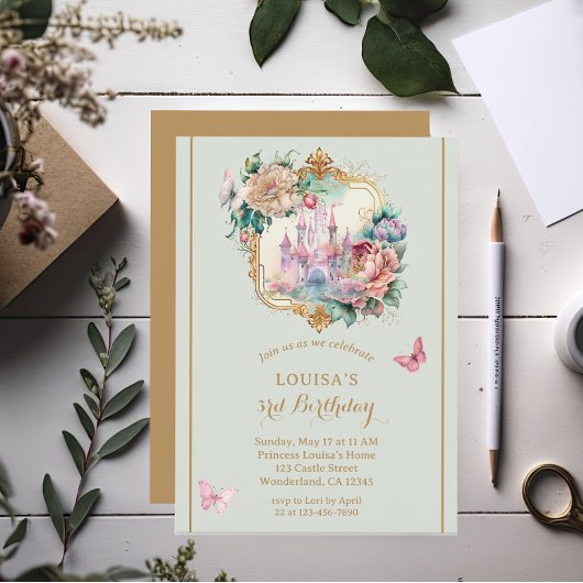 フェアヤブルプリンセスキャッスルライトグリーン誕生日 招待状
