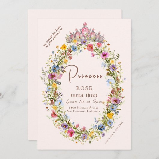 フェアヤブルプリンセスクラウンピンク&金ゴールド誕生日 招待状 (正面/裏面)