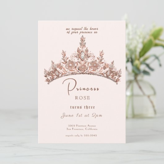 フェアヤブルプリンセスクラウンピンク&金ゴールド誕生日 招待状 (スタンド正面)