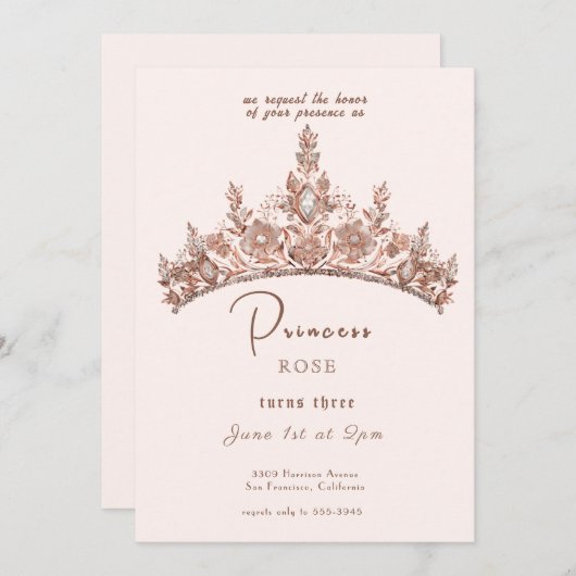 フェアヤブルプリンセスクラウンピンク&金ゴールド誕生日 招待状 (正面/裏面)