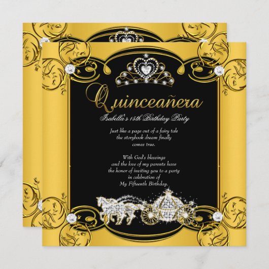 フェアヤルキンセアニェラ15th誕生日イエローブラック 招待状 (正面/裏面)