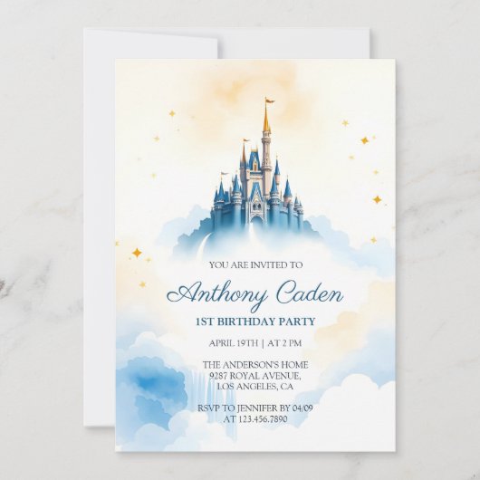 フェアヤータリープリンス王室のキャッスルブルーボーイ誕生日 招待状 (正面)
