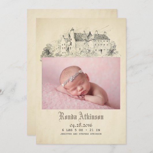 フェアユタリーキャッスル生まれたばかりのプリンセスベビーフォト誕生 案内状 (正面/裏面)