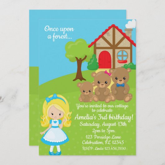 フェアユタリーゴルディロックスアンドベアーズガールズ誕生日 招待状 (正面/裏面)