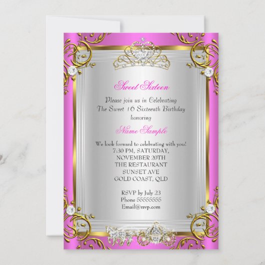 フェアユタリースウィート16 16誕生日ホットピンク金ゴールド 招待状 (裏面)