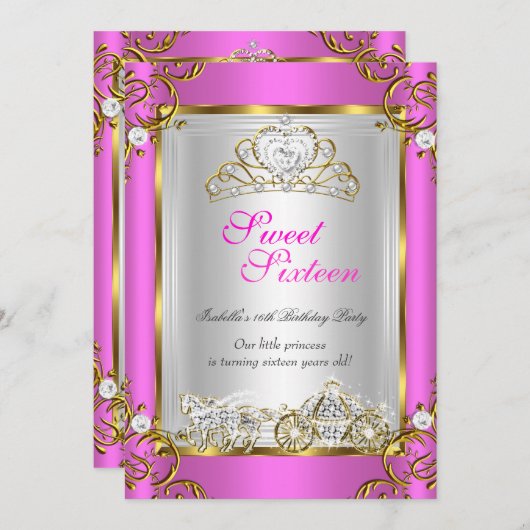 フェアユタリースウィート16 16誕生日ホットピンク金ゴールド 招待状 (正面/裏面)