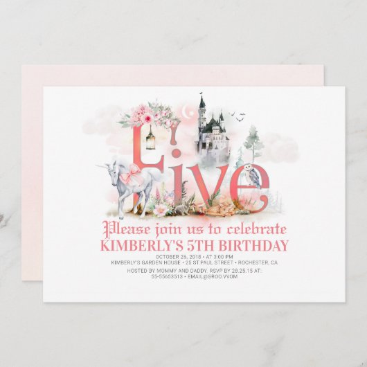 フェアユタリーユニコーンプリンセスキャッスル5th誕生日 招待状 (正面/裏面)
