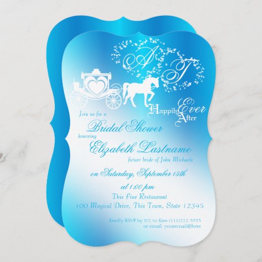 フェアユータリーキャリッジブライダルシャワーピーコックブルー 招待状 (正面/裏面)