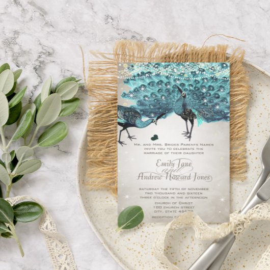 フェアユータリーシックメイソンジャールティール（緑がかった色）ターコイズピーコック 招待状