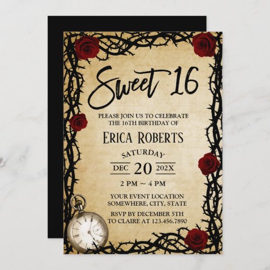 フェアユータリースウィート16ヴィンテージレッドローズ&トーンホテル 招待状 (正面/裏面)